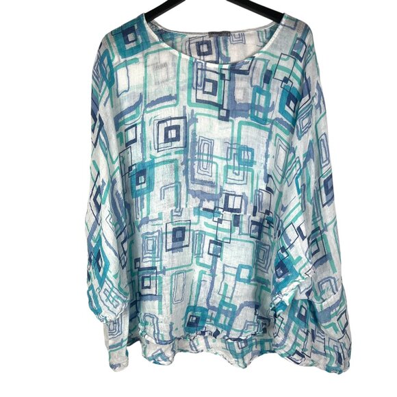 BlueBerry Italia 100% Linen Oversized Geometric Tunic Top Blue Size TU / OS - Picture 1 of 6